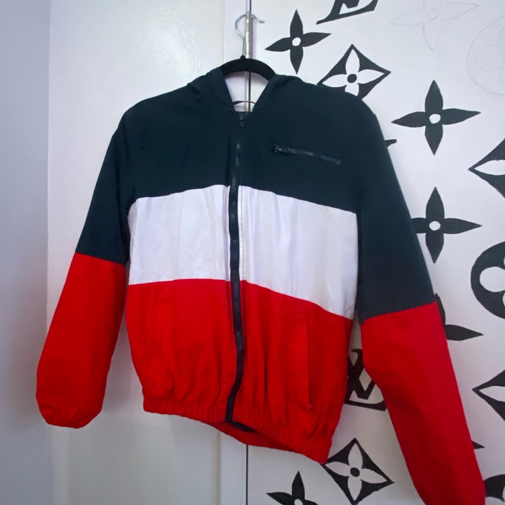 Brandy Melville Red White and Blue Zippered Hooded Windbreaker One Size